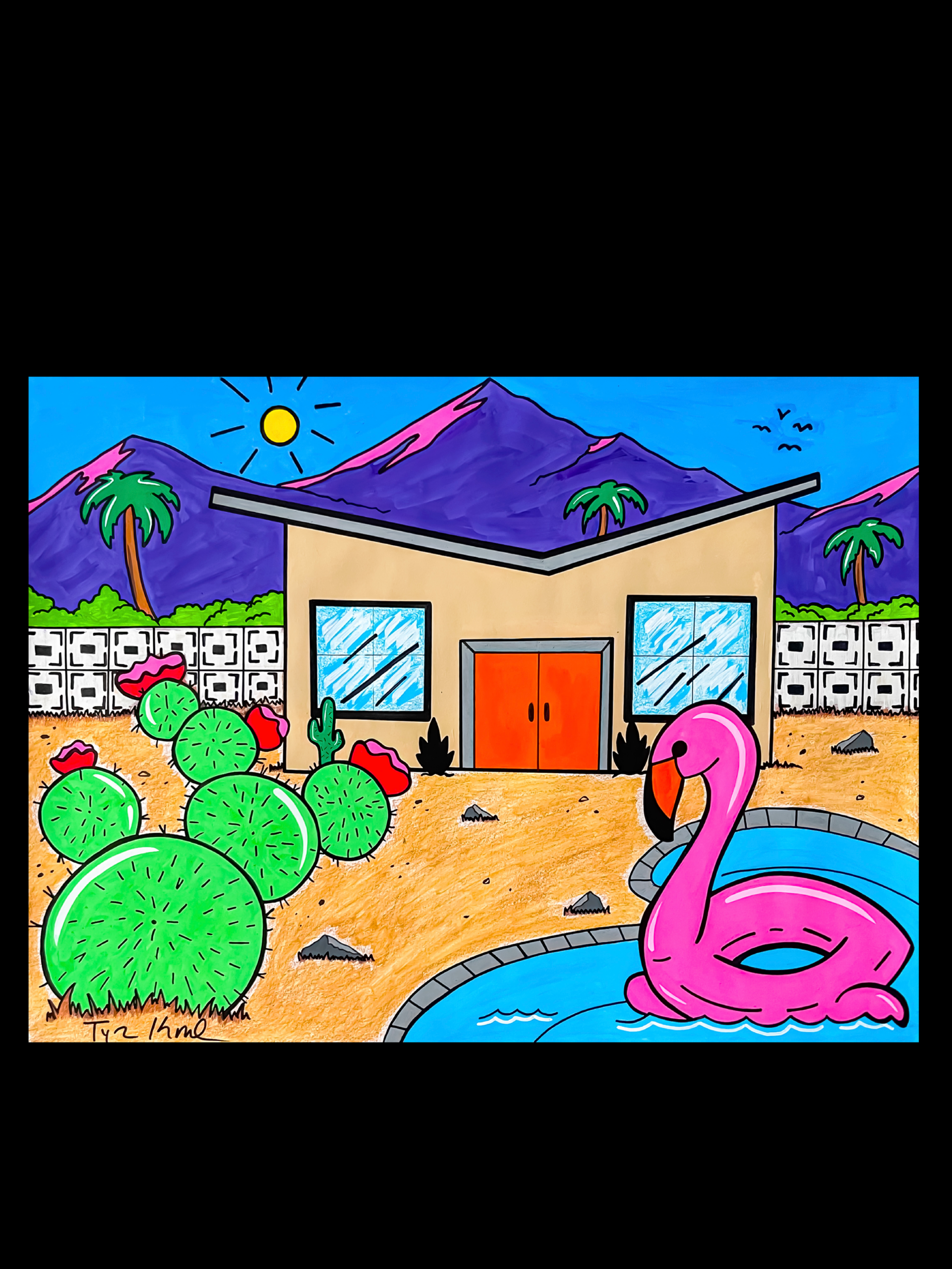 Mid-Century Modern Colorful mid-century modern desert home illustration with mountains, palm trees, cactus landscaping, and a flamingo pool float.