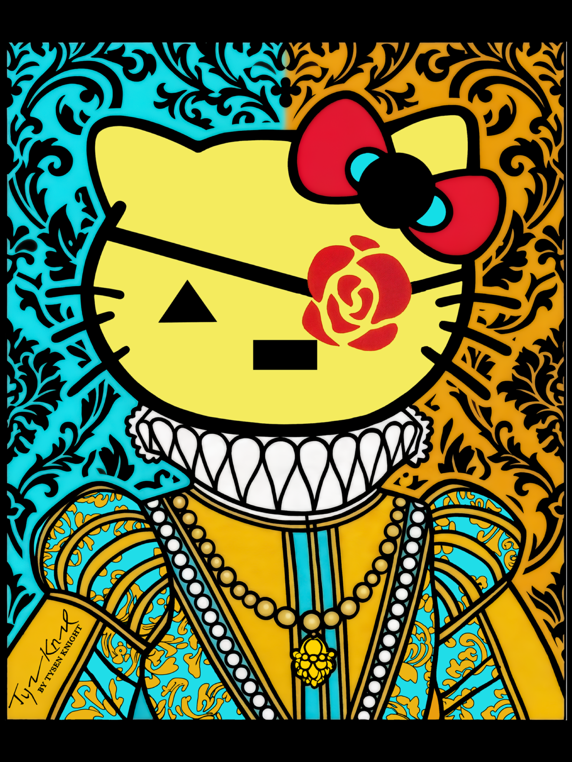 Pop Renaissance Pop-art reinterpretation of Hello Kitty with renaissance-inspired patterns, jewelry, and bold graphic color styling.
