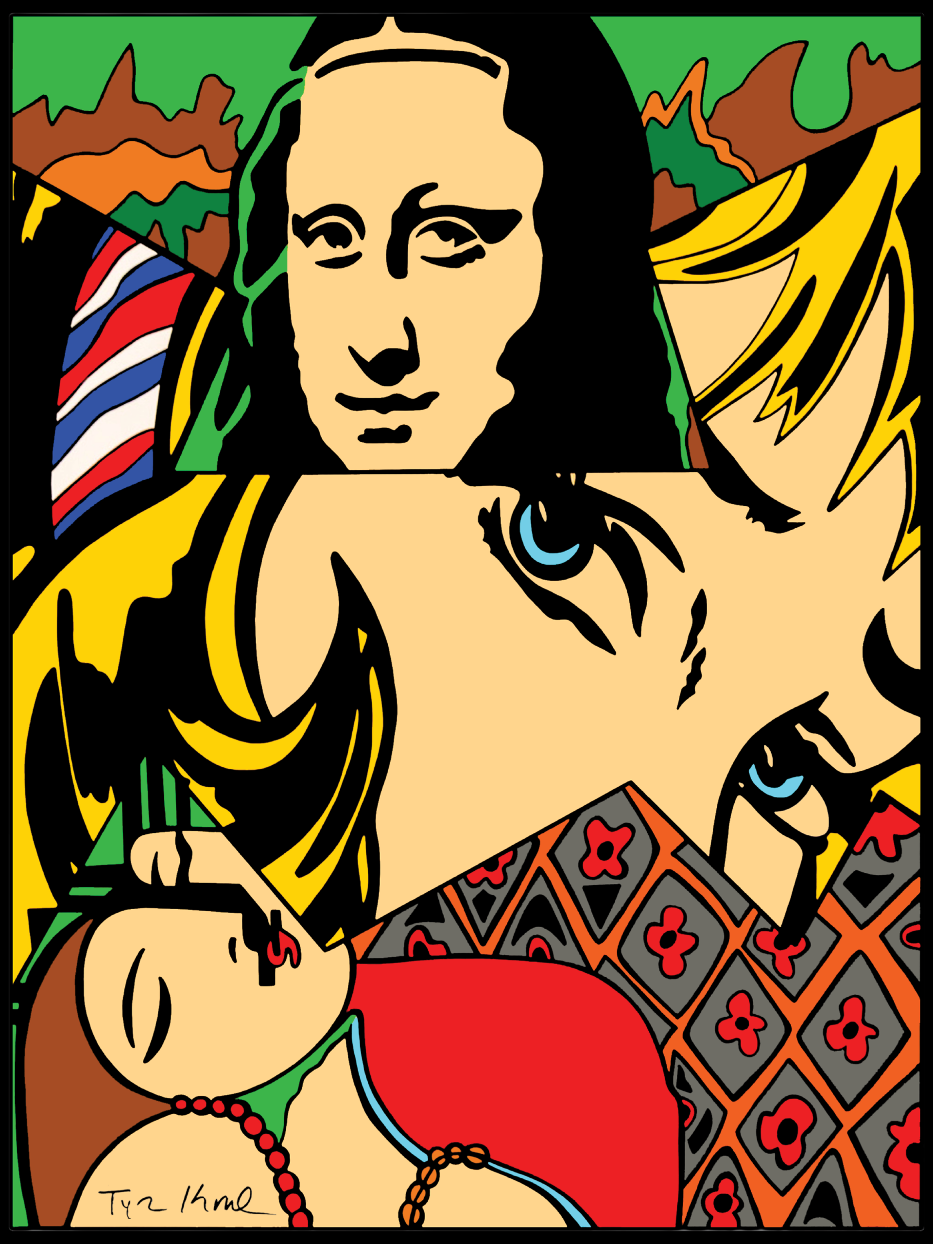 Masterpiece Mashup Contemporary pop-art collage featuring the Mona Lisa combined with modern portrait illustration and bold graphic color blocking.