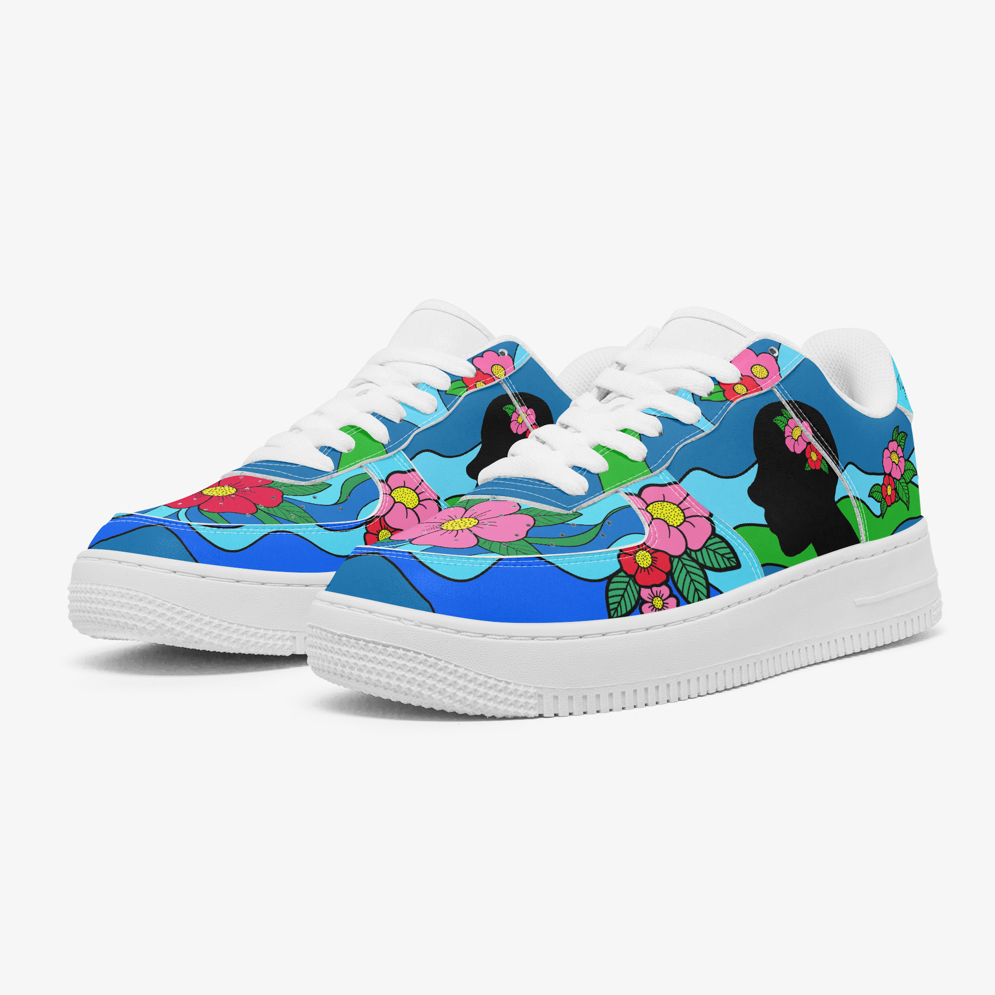 Blooming Mindset full-color custom sneakers — angled pair view