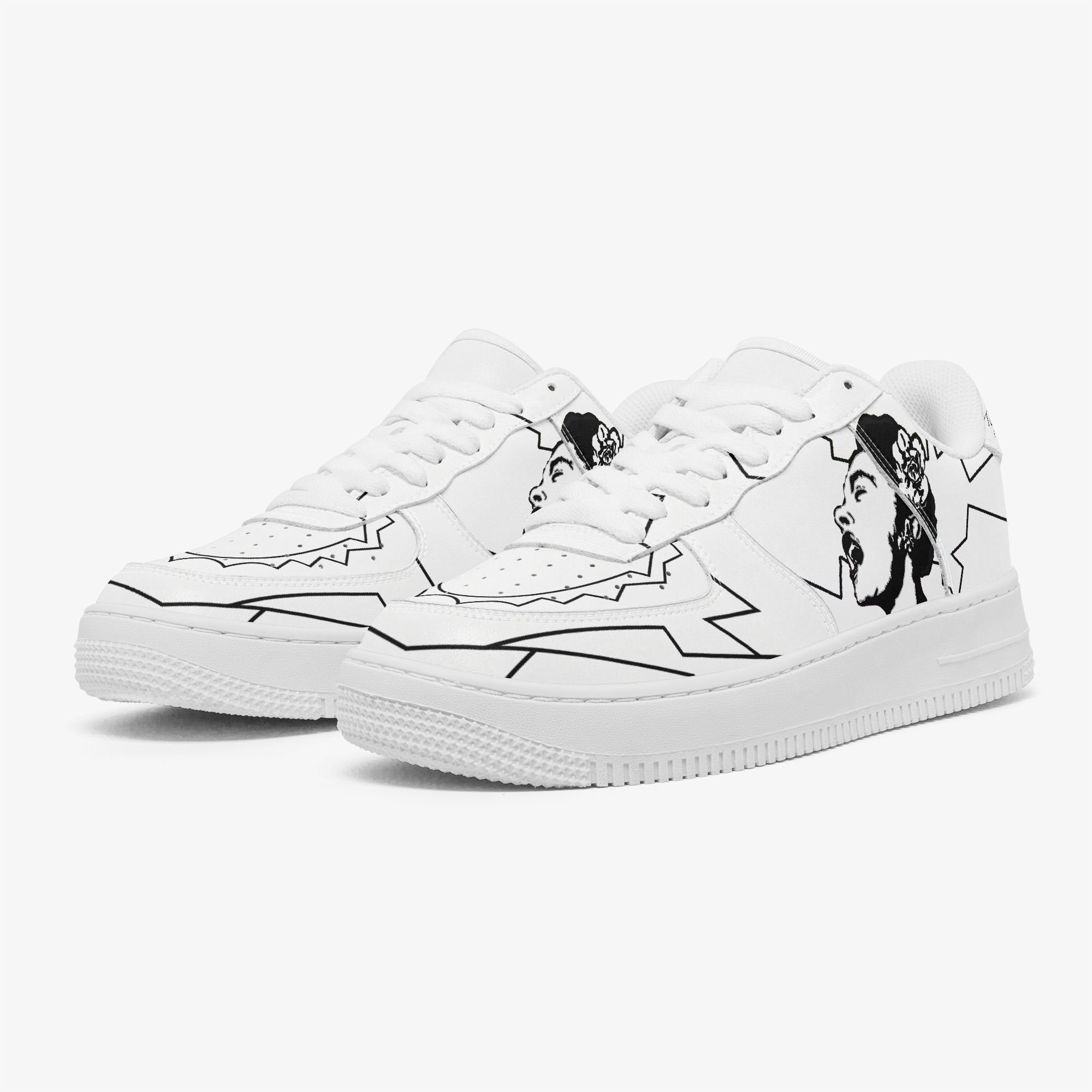 The Voice Within interactive outline custom sneakers — angled pair view
